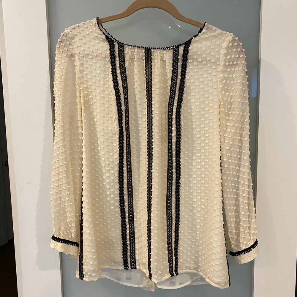 J. Crew Swiss Dot Blouse Cream w/ Black Lace Trim